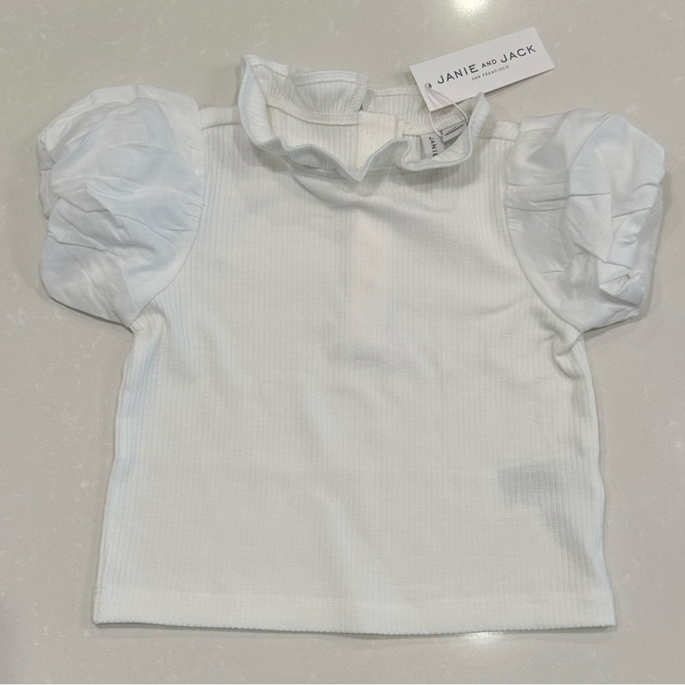 Janie and Jack White Ruffle Neck Puff Sleeve Top